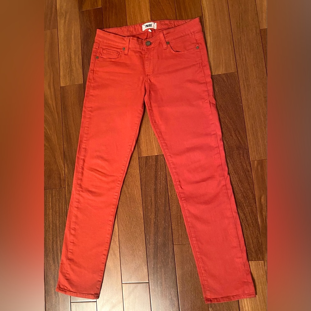 Paige Skyline Ankle Peg Carmine Red Denim Skinny Jeans, Size 28